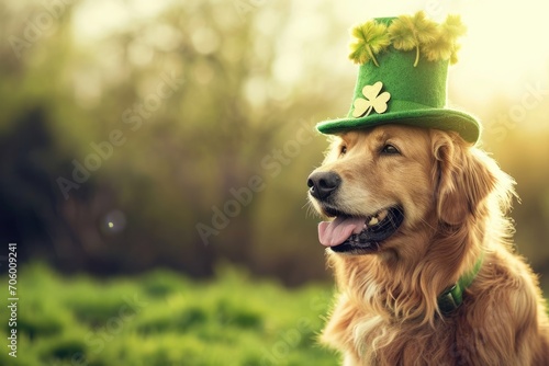 dog with leprechaun hat decorated with shamrock leaves St. patrick`s day dog with a clover photo