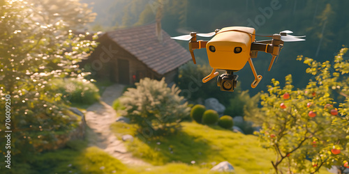 Uma imagem dinâmica de um drone de entrega no ar, transportando um pacote até o seu destino. A cena destaca a inovação e eficiência da tecnologia de drones na logística e comércio eletrônico
