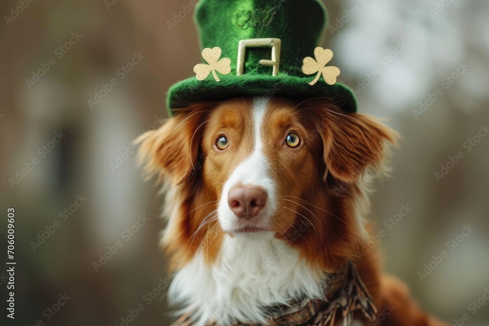 dog with leprechaun hat decorated with shamrock leaves St. patrick`s day dog with a clover
