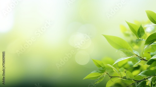 Healthy green bio background with blurred foliage, sunlight, and copyspace for text or ads