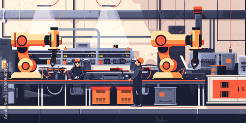 Robô industrial trabalhando ao lado de operadores humanos no chão de fábrica. A cena ilustra a sinergia entre automação e trabalho humano nos processos modernos de fabricação