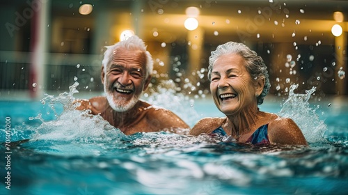 happy senior couple swimming © neirfy