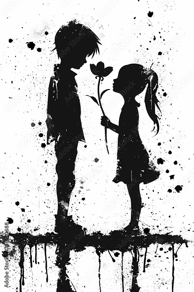 silhouette illustration of a girl giving a flower to a boy, young love romantic, valentine 