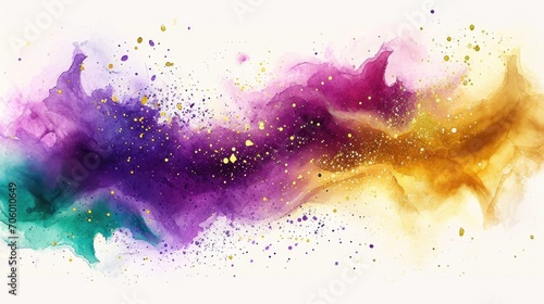 A painting of a purple and yellow cloud. Mardi Gras background with purple, green and golden colors on white. photo