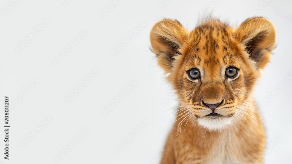 Close up of a cute lion cub isolated on a white background, concept for wild life preservation, copy space, horizontal banner 16:9, shallow depth of field Close up of a cute lion cub isolated on a white background, concept for wild life preservation, copy space, horizontal banner 16:9, shallow depth of field