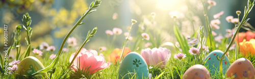 colourful easter eggs on colorful grass with bokeh background