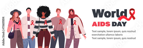 World AIDS Day. Man and woman with red ribbon. Healthcare and medical. Awareness concept. Flat vector illustration isolated on white background.