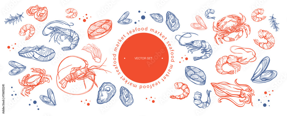 Isolated vector seamless set of seafood. Shrimps, langoustines, prawns, salmon, trout, oysters, mussels, squid, crab, lemon.Hand-drawn seafood delicacy, restaurant and marine cafe menu.