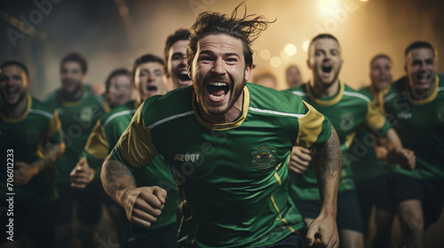 Football players run and rejoice © vladzelinski