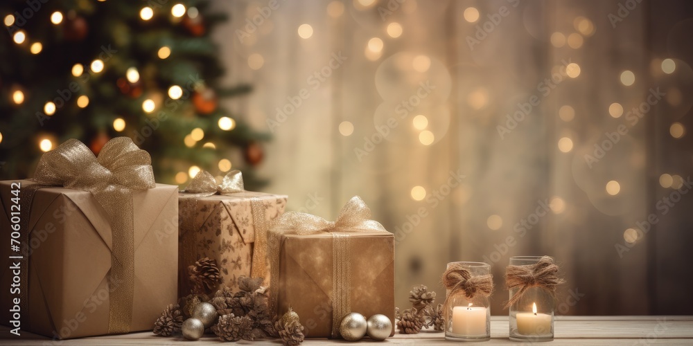 Christmas party decorations with rustic flair, featuring gift boxes and natural hues of green and brown.