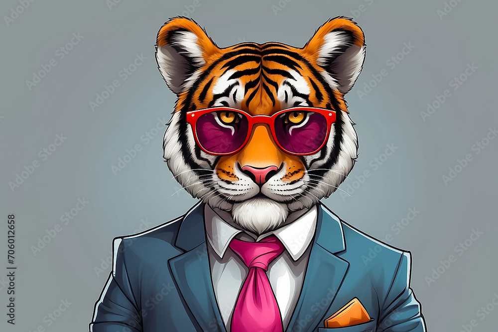 Cute tiger wearing glasses and a business suit boss character