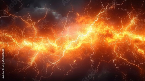 A picture of a lightning storm in the sky. Digital background  wallpaper  in orange and black.
