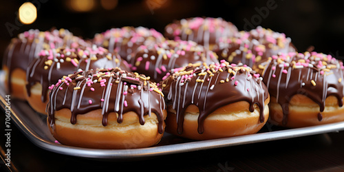 Donuts with chocolate icing and colorful sprinkles