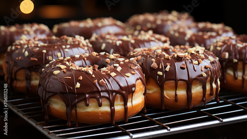Chocolate glazed donuts topped with almond pieces