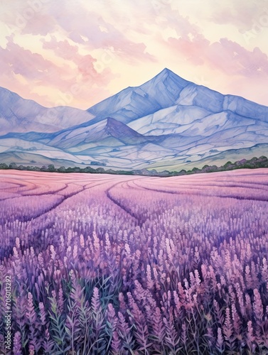 Countryside Serenity: Lavender Fields, Vintage Mountain Landscape Art Print