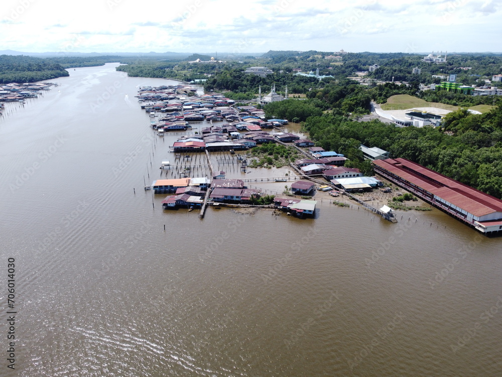 Naklejka premium Bandar Seri Begawan in Brunei is a beautiful and harmonious Asian nation, situated on the northern coast of Borneo in the South China Sea. The purest air, immaculate coastline, lush rainforest.