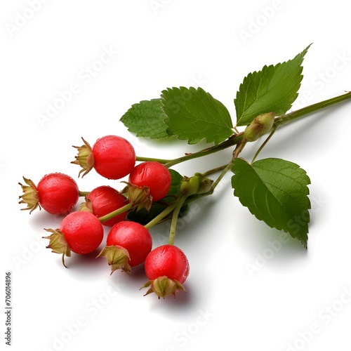 real rose berries, some leaves between them, white background,