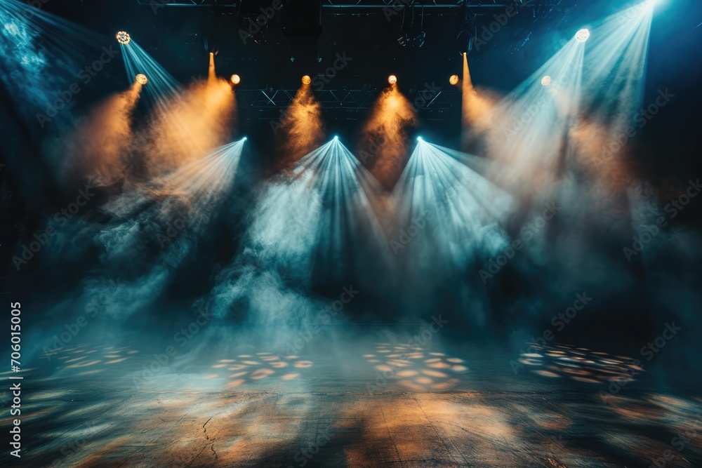 Stage illuminated with light pojectors and filled with scenic smoke