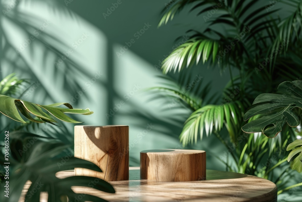 Wooden podium for product presentation with green leaves on the background Wooden podium for product presentation with green leaves on the background