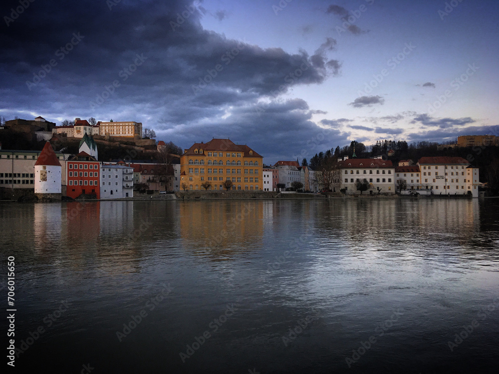 View of the old town Passau across the Inn river, Bavaria, Germany, March 2019