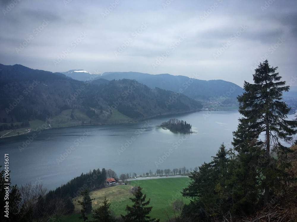 High angle view of the Lake Schliersee in the Bavarian Alps mountains, Bavaria, Germany, April 2019