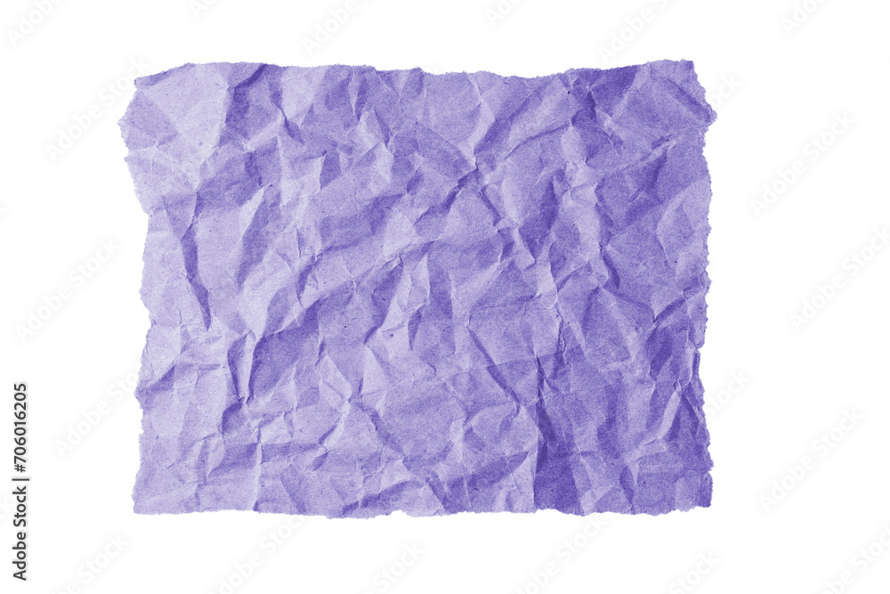 Obraz premium Purple crumpled rectangle sheet of paper with torn edge isolated on white, transparent background, PNG. Recycled craft paper wrinkled, creased texture, grunge border. Template, mockup, copy space