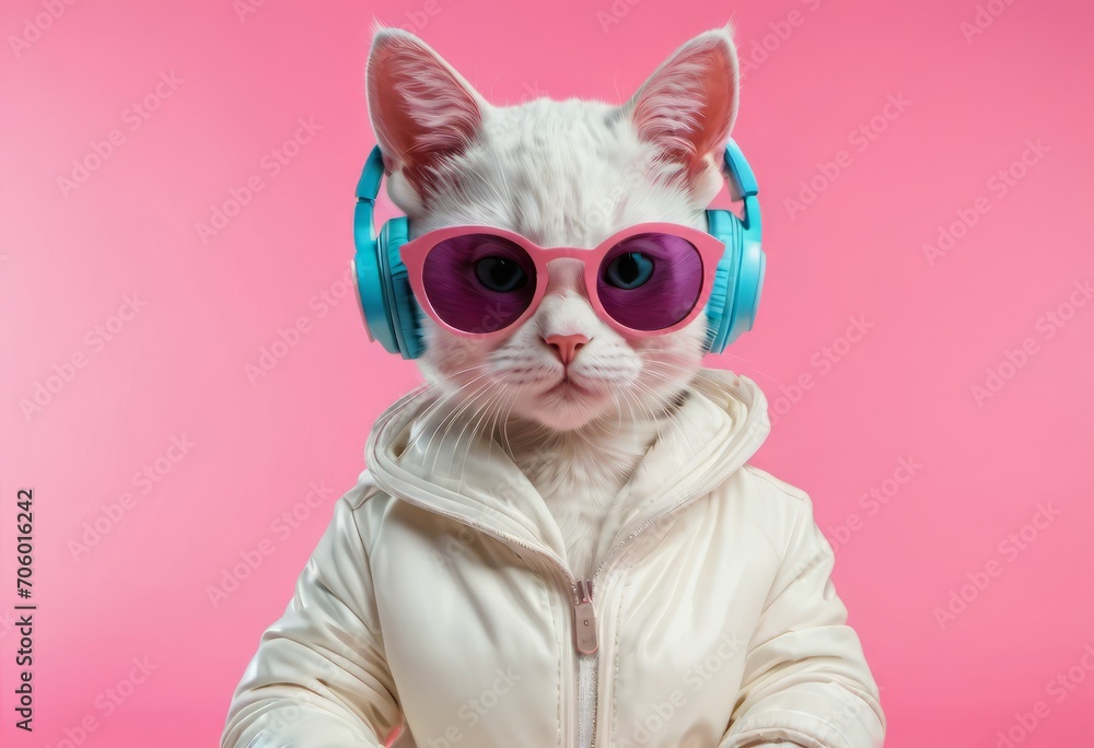 Cool cat wearing headphones. Background with selective focus and copy space