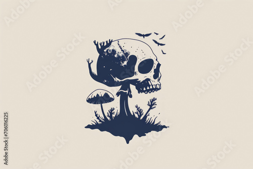 Skull and mushroom in illustration style. Background with selective focus and copy space photo