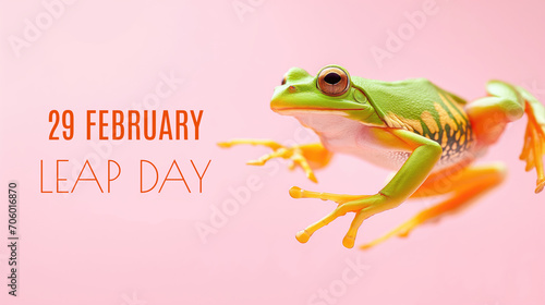 Green frog on the pastel background. 29 february leap year day concept