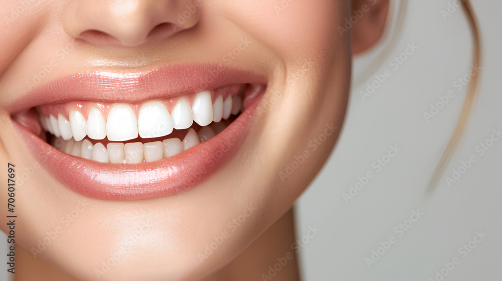 Fototapeta premium Perfect healthy teeth smile of a young woman. Teeth whitening. Dental clinic patient. Image symbolizes oral care dentistry, stomatology. Dentistry image