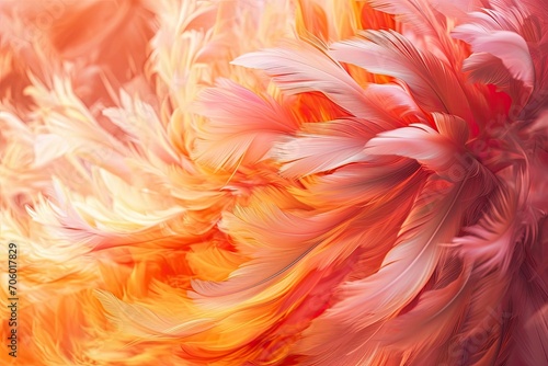 Colorful feathers background. Close-up of colorful texture. Image in Peach Fuzz Color