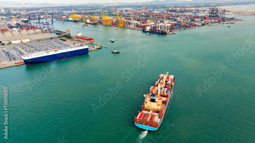 logistic cargo container ship sailing in sea to import export goods and distributing products to dealer and consumers across worldwide