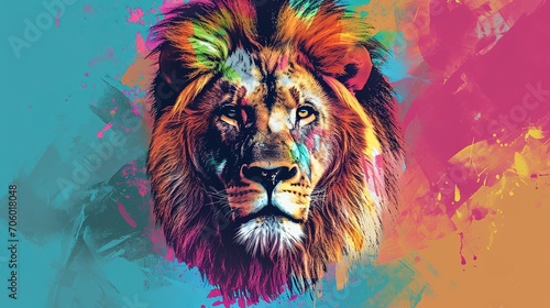 creative colorful lion king head on pop art style with soft mane and color background photo