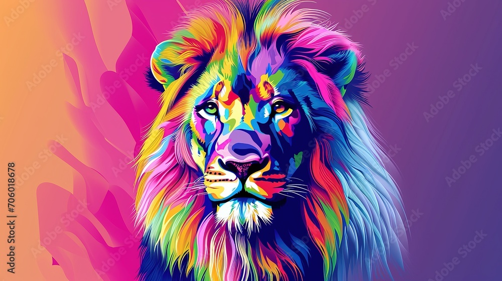 creative colorful lion king head on pop art style with soft mane and color background creative colorful lion king head on pop art style with soft mane and color background