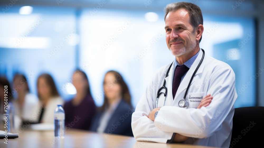 doctor with many years of experience giving talks to his colleagues to improve doctor with many years of experience giving talks to his colleagues to improve