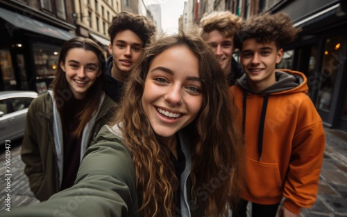 Global smiles: capturing joy in group selfies of cheerful and happy young people diverse nationalities, celebrating unity, friendship, cultural harmony in shared moments of happiness and togetherness.