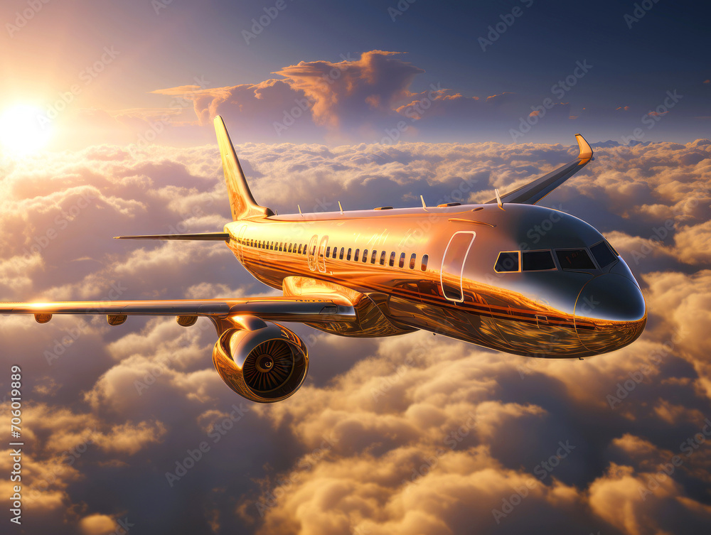 Fototapeta premium Golden airplane flies in blue sky with dramatic clouds. Concept of passenger airline companies, travel, plane transportation, freedom of travelling