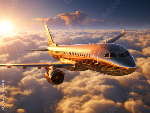 Golden airplane flies in blue sky with dramatic clouds. Concept of passenger airline companies  travel  plane transportation  freedom of travelling