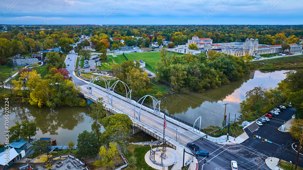 Aerial View of Riverside Town at Dusk with Veterans Memorial Bridge, Fort Wayne