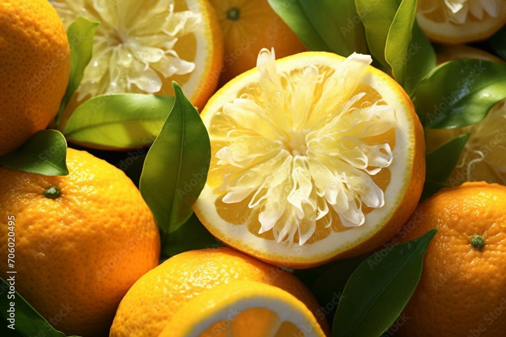 Close-up of fragrant citrus bergamot oranges, used in teas, medicine, and spa treatments. Generative AI - obrazy, fototapety, plakaty 