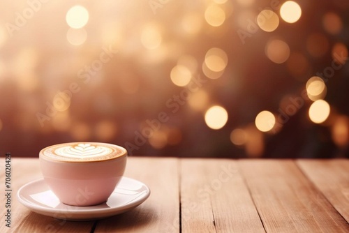 Latte on wood table with bokeh background. High resolution, 8k quality. Generative AI