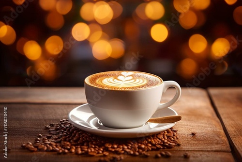 Latte on wood table with bokeh background. High resolution  8k quality. Generative AI