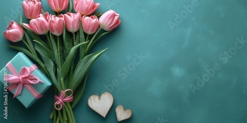 A bouquet of pink tulips and a gift box with copy-space, place for text. © tilialucida