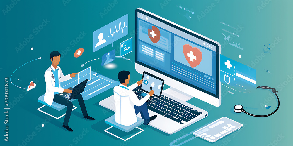 Uma imagem tranquilizadora apresentando um paciente tendo uma consulta médica virtual com um profissional de saúde por meio de um dispositivo digital. - obrazy, fototapety, plakaty 