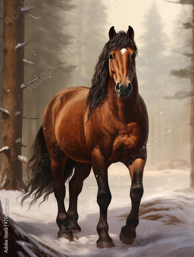 Braunes Pferd mit weißer Blesse im Wald Winterwald malerisch