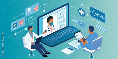 Uma imagem tranquilizadora apresentando um paciente tendo uma consulta médica virtual com um profissional de saúde por meio de um dispositivo digital. photo