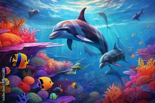 An underwater scene with dolphins and a colorful reef. Generative AI