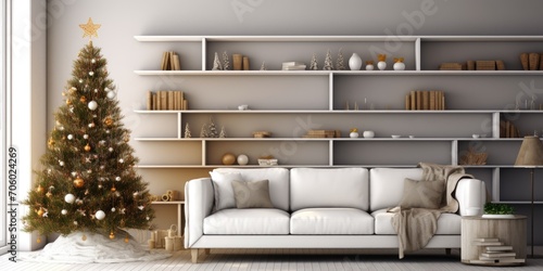 Wallpaper Mural Festive living room with white sofa, wooden shelves, and Christmas decor. Torontodigital.ca