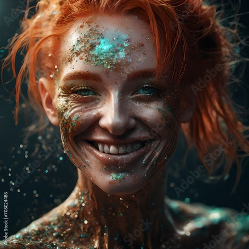extreme closeup of a woman at a rave with glitter makeup on her face smiling, ginger hair, digital art