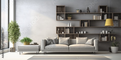 Modern living room with grey sofas, window and shelving. © Vusal